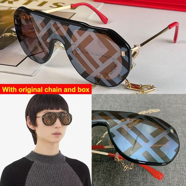 Cadre de bouclier carré Lunettes de soleil Havane Logo marron Objectif imprimé Designer Hommes Femmes Conduite d'été Vol de luxe Lunettes 514A-F signature en métal doré Occhiali avec chaîne