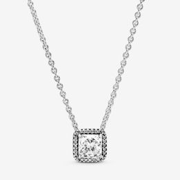 Square Sparkle Halo Necklace Real Sterling Silver para Pandora CZ Diamond Wedding designer Joyas para mujeres Novia Gift Link Collares con caja original Set