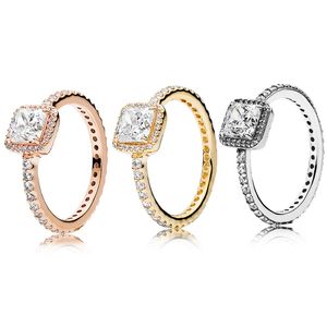 Vierkante Sparkle Halo Ringen CZ diamant Vrouwen Bruiloft Sieraden 925 Sterling Zilver Vergulde Ring met box set voor