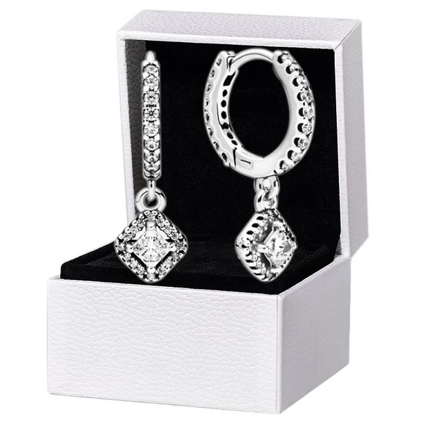 Square Sparkle Hoop Pendientes Juego de caja original para Pandora 925 Sterling Silver CZ diamante Colgante Pendiente Mujer Diseñador de bodas Joyería