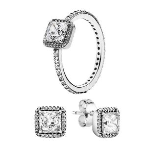 Vierkante glinsterende ring en oorknopjes voor Pandora 925 sterling zilveren designer sieraden voor vrouwen meisjes Crystal Diamond Luxury Rings Earring met originele doos