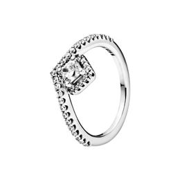 Bague carrée scintillante Wishbone avec boîte d'origine pour Pandora authentique bijoux de mariage en argent sterling pour femmes CZ diamant petite amie cadeau bagues de fiançailles ensemble