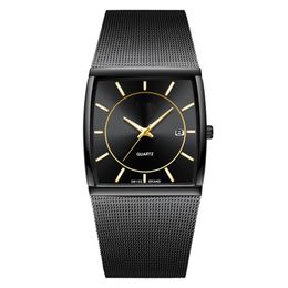 Relojes de pulsera cuadrados de malla de acero inoxidable con indicador de fecha, reloj de cuarzo para hombre, reloj de pulsera dorado de lujo para hombre, reloj Masculino