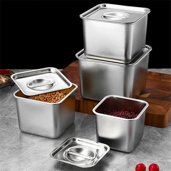 Caja cuadrada de condimentos de acero inoxidable, tarro de almacenamiento de condimentos para especias, pimienta, cocina, tanque de manteca de cerdo, organizador de salsa, utensilios de cocina 240220