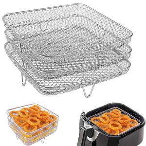 Carré à trois niveaux Plate-goûter à aéronaute Racks à vapeur en acier inoxydable Racks Air Fryer Tools Baking Pan BBQ Grill Kitchen Accessoires 240325