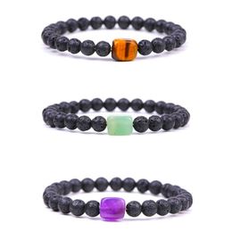 Vierkante Tijgeroog Amethist Kristal Steen Armband 6mm Vulkanische Lavasteen Kralen Armbanden Bangle manchet vrouwen mannen Mode-sieraden