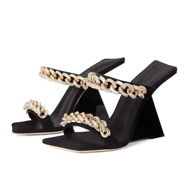 Zapatillas de punta cuadrada para mujer, cuñas de tacón alto, cadenas para mujer, sandalias de gladiador, zapatos de vestir de verano para graduación, zapatos negros sexis de talla grande