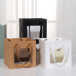 Bolsa de regalo con ventana transparente cuadrada, bolsa de papel creativa para embalaje de flores de cumpleaños con bolsas de embalaje de plantas en maceta Hnadle LX4437