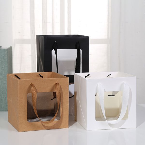 Bolsa de regalo con ventana transparente cuadrada, bolsa de papel creativa para embalaje de flores de cumpleaños con bolsas de embalaje de plantas en maceta Hnadle LX4437