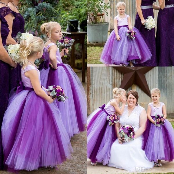 Robe à balle carrée en tulle arc violet sans manches longueur de sol simple robes de mariée simples robes de fille belle 254u