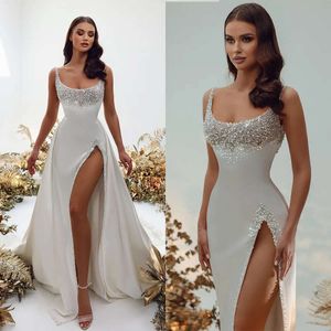 Vierkant met Junoesque Wedding Satin Mermaid -jurken Parels Zijkant Split afneembare Backless Zipper Custom Made Plus Size Bridal Jurk Vestidos de Novia