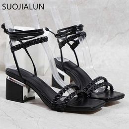 Vierkante dames hiel sandalen sandaal laag suojialun modemerk weven rome gladiator enkel veter dames jurk pompen schoenen t