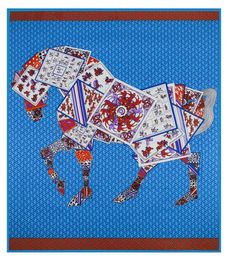 Chales cuadrados con estampado de caballos para mujer, bufanda de seda para mujer, Foulard Femme Echarpe En Soie, chal de sarga grande azul 4023384