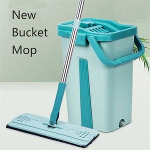 Squeeze Mop Bucket 6Pcs Tampons en microfibre pour laver le sol Lazy Flat Auto-Wring Magic Mops Wet Dry Kitchen Home Help Cleaning Tools 211215