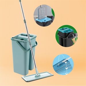 Squeeze Mop avec tête de godet 360 Vadrouille plate rotative avec tampons en microfibre Mop de sol de lavage sans main Outil de nettoyage à domicile humide et sec 211215
