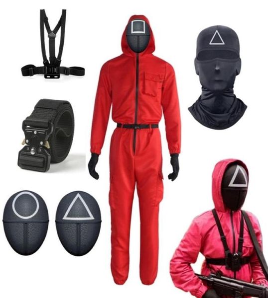 Juego de calamar mono rojo disfraces de villano Cosplay redondo seis círculo triángulo cuadrado máscara Correa cinturón accesorios Halloween15912285786990