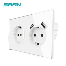 SRAN 153*82 mm Dual Eu estándar Sockets eléctricos estándar, 2.1A Puerto de carga Hocket de pared USB 16 A Panel de vidrio templado de espejo completo blanco