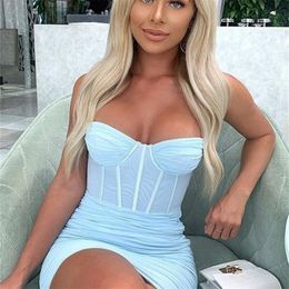 SRUBY Mesh Summer Women Dress Spaghetti Straps Sash Sexy Mini Night Club Party Bodycon Robe Vestidos Moda 220613