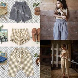 SS arrivées Soor Ploom enfants filles pantalons d'été Style ample fait de Nature lin qualité Plaid bas 210619