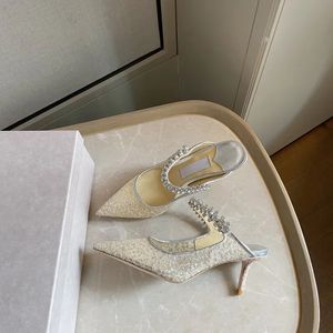 SS23 Vrouwen Sliver Glitter-bedekt Leer Bing Dames Sandalen Schoenen Met juwelen verfraaide muilezels Slipper Twinkle-toed Charm Lady Weddding Bridals Pumps