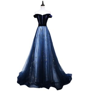 SSYFashion nouvelle robe de soirée longue élégante col bateau velours bleu avec couture en Tulle motif étoilé robe de bal de fête taille personnalisée