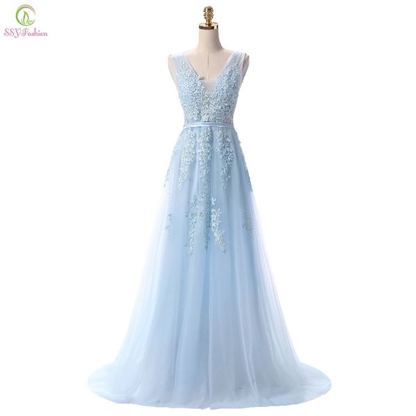 Ssyfashion Sell Sweet Light Blue Lace V-Neck Laçage Lacture Long Night Robe The Bride Party Sexy Backless Prom Robes Custom 220510