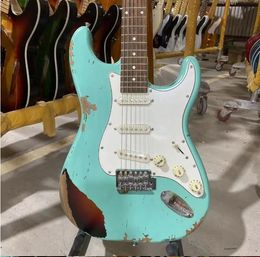 ST elektrische gitaar met blauwgroene kleur, ouderling lichaam, relikwie, 100% met de hand gemaakt, ondersteuning aanpassing,