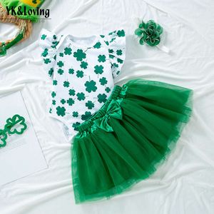 St. Patrick's Girls Party Dress Set Baby Flying Sheeves Sweetheart Green Half Rok Haaraccessoires 3-delige set