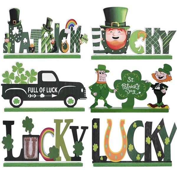 St. Patricks Day Party Table Sign Decoración Lucky Shamrocks Camión verde Tablero de madera Adornos de oficina en casa