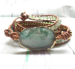 ST0103 Bracelets en cuir pour femmes, qualité supérieure, Aventurine verte naturelle, 3 enveloppes, fantaisie, fait à la main, style Boho, 3509623