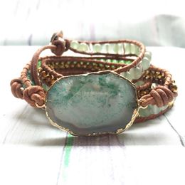 ST0103 Bracelets en cuir pour femmes, qualité supérieure, Aventurine verte naturelle, 3 enveloppes, fantaisie, fait à la main, style Boho, 226J