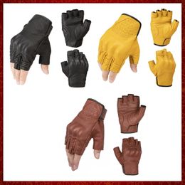 ST258 Gants de moto en cuir de chèvre véritable, gants de Motocross sans doigts, demi-doigt d'été rétro Vintage jaune de course pour hommes et femmes