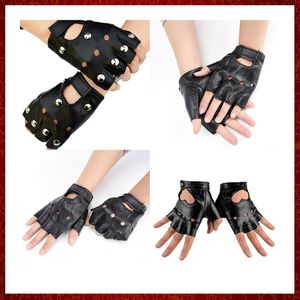 ST301 1 Pair Punk Hip-hop PU Black Half-finger Leather Gloves Square Nail Fashion Hand Warmer Winter Gloves Warm Fingerless