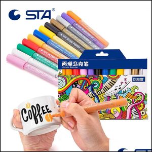 Sta 12 Couleurs Acrylique Peinture Marqueur Croquis Papeterie Ensemble Pour Diy Manga Ding Stylo École Étudiant Peintre Fournitures C18112001 Drop Delivery 2021