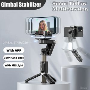 Stabilisateurs 2023 Stabilisateur de cardan sans fil Bluetooth Selfie Stick 360 degrés suivi du visage intelligent enregistrement en direct avec lumière de remplissage 230823