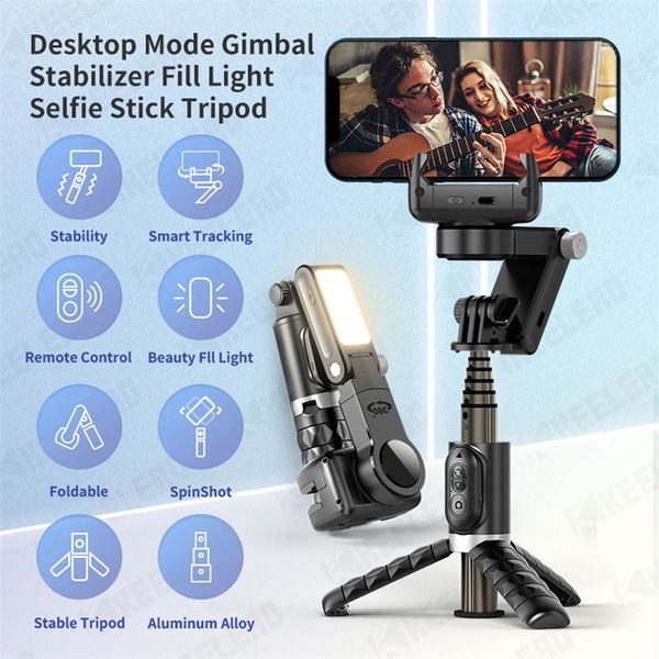Stabilisateurs Smartphone Suivi Cardan Stabilisateur Selfie Stick Trépied avec lumière de remplissage Télécommande sans fil pour 14 13 12 231216