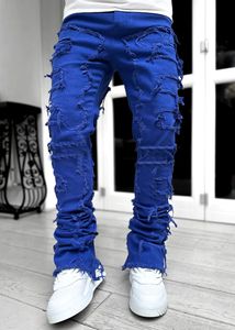 Stack Jeans Paarse jeans voor heren, regular fit, gestapelde patch, Distressed Destroyed, rechte denim broek, streetwear kleding, stretch patch denim, jeans met rechte pijpen 451 638