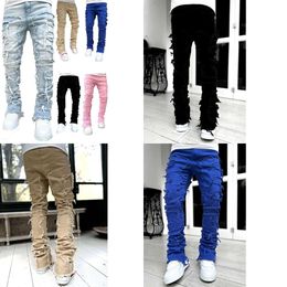 Stack Jeans Heren Paarse Regular Fit Gestapelde Verontruste Vernietigde Broek Streetwear Kleding Stretch Patch Denim Straight Leg Jeans US Maat 796