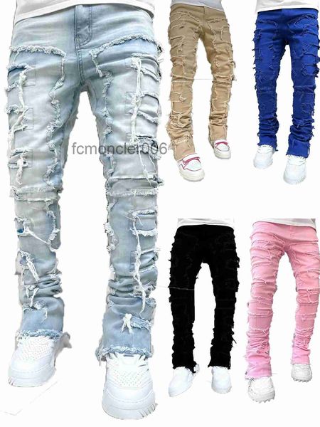 Stack Jeans Pantalon en denim droit détruit violet pour homme, coupe régulière, patch empilé, vêtements streetwear, Thekhoi-12 Cxg92526 ORCR