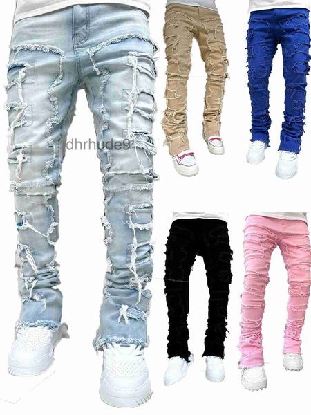 Stack Jeans Pantalon droit détruit violet pour homme, coupe régulière, patch empilé, vêtements streetwear, jambe extensible, taille américaine LVDC