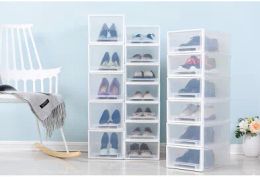 Caja de almacenamiento de zapatos de plástico transparente apilable, estilo cajonera creativa, a prueba de polvo, organizador de zapatos para hombres y mujeres de tacón alto