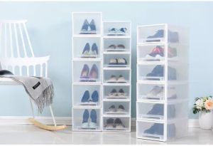 Boîte de rangement de chaussures en plastique Transparent empilable, Style tiroir créatif, anti-poussière, organisateur de chaussures pour femmes, hommes et enfants, à talons hauts