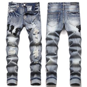 Gestapelde jeans mannen ontwerper dames Jean Mens desig kleuren Long Hippop Sticker Borduurwerk slanke denim rechte straatkleding magere broek groothandel