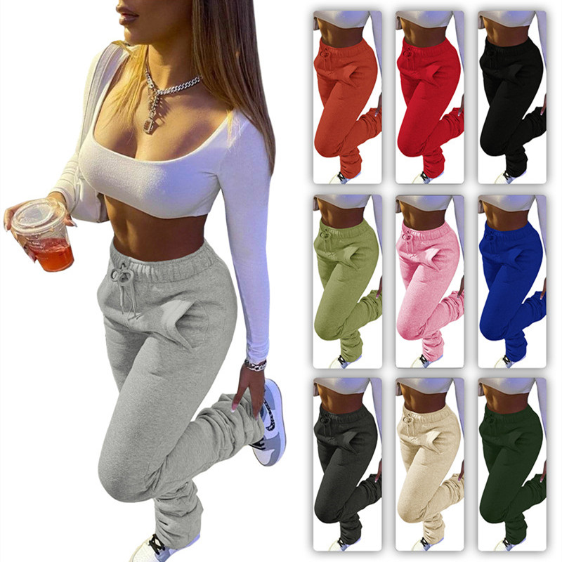 Stacked Pants Bulk Lots Wholesale Items Women Sweatpants Pencil Pants Thickened Hoodie Fabric Solid Bell Trousers B7479