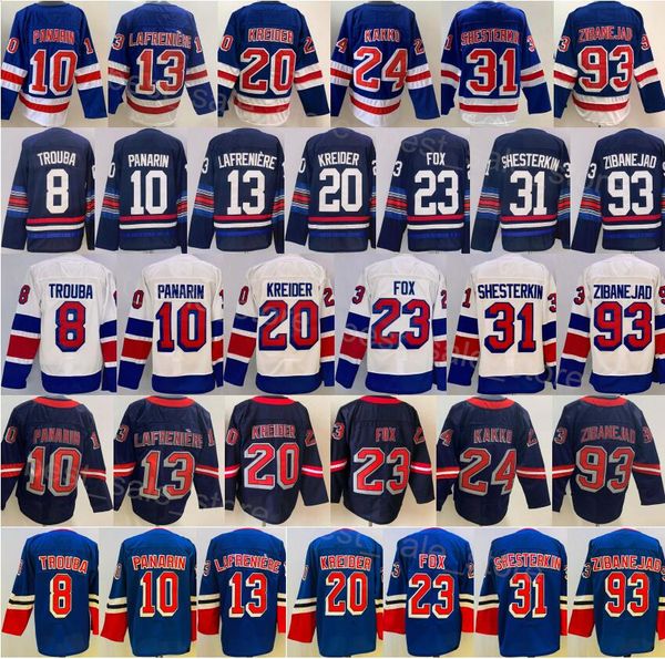 Hockey série stade 2024 13 maillots Alexis Lafrenière 10 Artemi Panarin 93 Mika Zibanejad 24 Kaapo Kakko 20 Chris Kreider 23 Adam Fox Igor Shesterkin Jacob Trouba