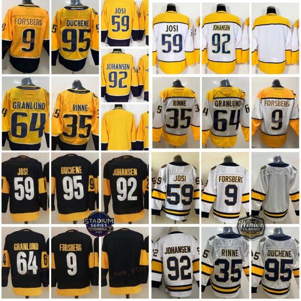 Stadium Series 59 Maillots de hockey Roman Josi 9 Filip Forsberg 92 Ryan Johansen 95 Matt Duchene 64 Mikael Granlund 35 Pekka Rinne Home Chemises bleu marine cousues en or