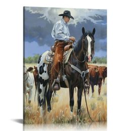 Personnel Meeting toile Wall Art Print, Cowboy classique dans la peinture de selle, illustrations rustiques de cheval occidental et de chien
