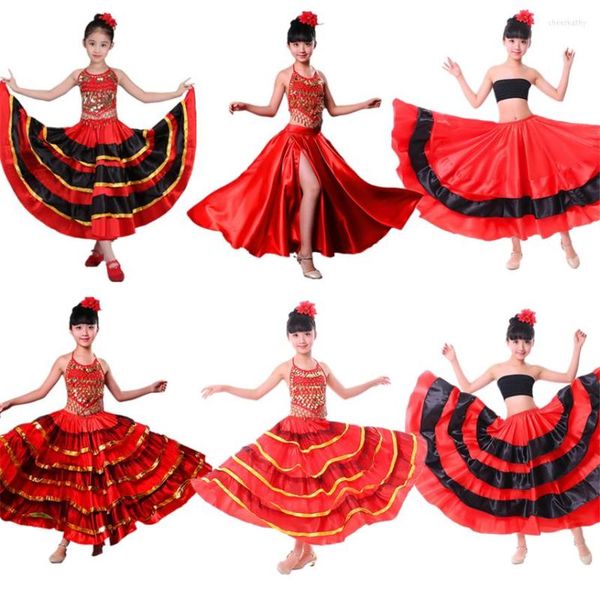 Desgaste de la etapa 100-150 Cm Niños Flamenco Español Gitana Falda Chica Vientre Traje Niñas Vestido de baile Coro Vestidos de actuación