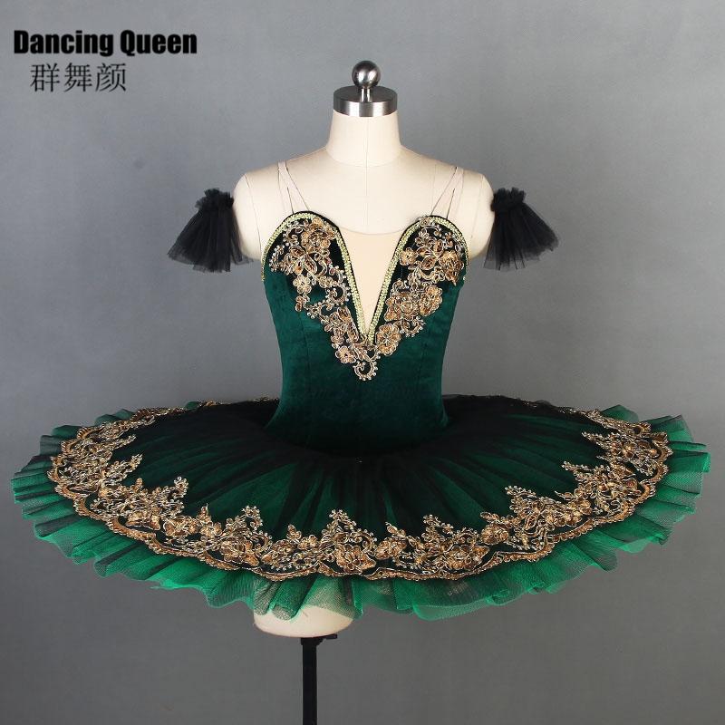 Stage Wear Deep Green Velvet Bodice Professional Ballet Tutu For Women Girls Pancake Platter Ballerina Kids Adult