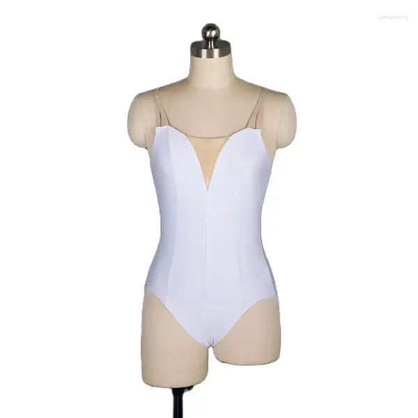 Stage Wear 18579 Justaucorps de danse de ballet en spandex blanc avec V Nude Insert Dancewear pour femmes Bodywear Justaucorps uni Sangle